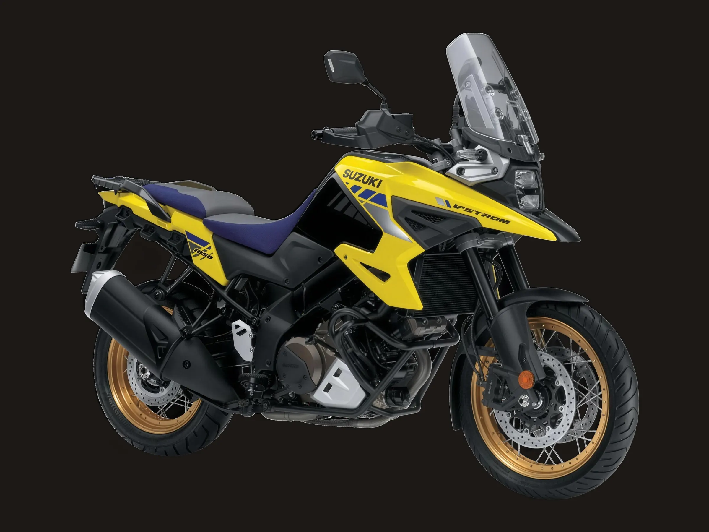 Suzuki V-Strom 1050 XT oldalnézetből, sárga és kék fényezéssel